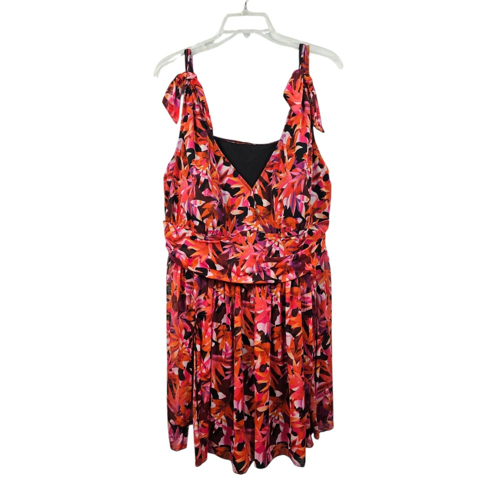 Fit 4 U Swim Dress Tropical Floral Mesh Pink Orange One Piece Women Size 24W